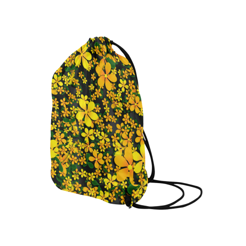 Pretty Orange & Yellow Flowers on Black Medium Drawstring Bag Model 1604 (Twin Sides) 13.8"(W) * 18.1"(H)