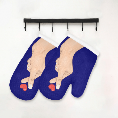 Hand With Finger Heart on Blue Oven Mitt (Two Pieces)