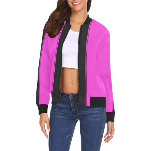 Pink Racing Stripe Center Black All Over Print Bomber Jacket for Women (Model H19)