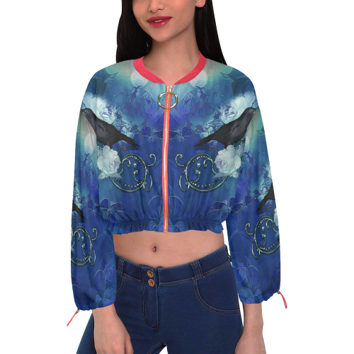 The crow with wonderful  flowers Cropped Chiffon Jacket for Women (Model H30)