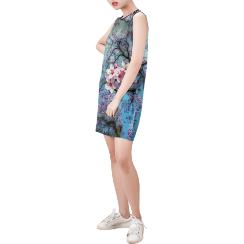 Cherry blossomL Sleeveless Round Neck Shift Dress (Model D51)