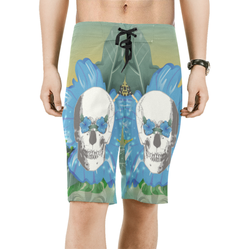 Funny skull with blue flowers Men's All Over Print Board Shorts (Model L16)