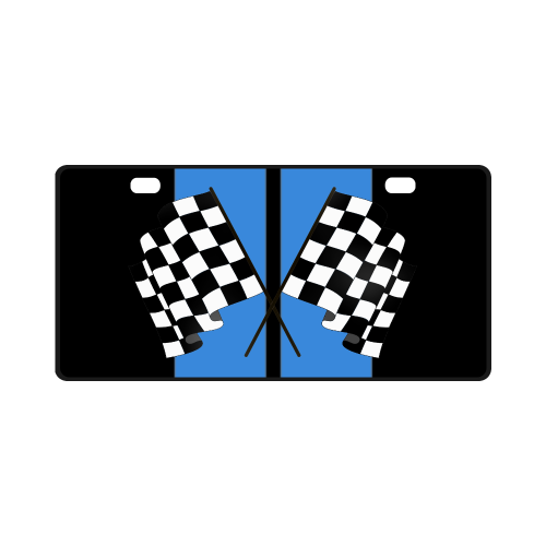 Checkered Flags, Race Car Stripe, Black and Blue License Plate