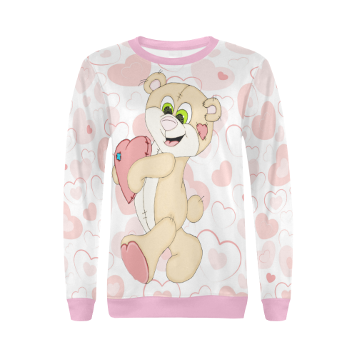 Pink Hearts Teddy Pink All Over Print Crewneck Sweatshirt for Women (Model H18)