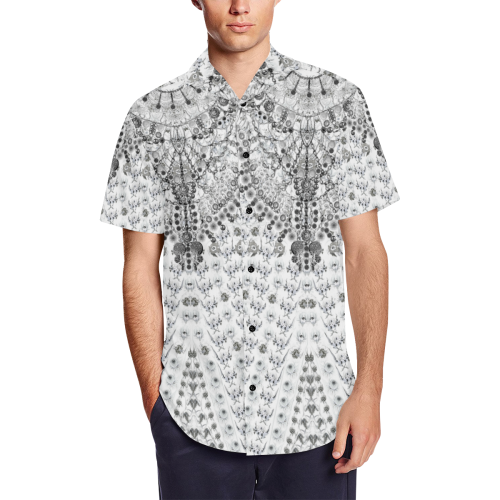 mille fleurs white chain oxidized round neck front Men's Short Sleeve Shirt with Lapel Collar (Model T54)