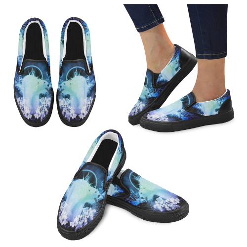 Amazing polar bear, blue flowers Women's Slip-on Canvas Shoes (Model 019)