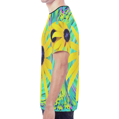 Yellow Flowers on a Turquoise Garden Swirl New All Over Print T-shirt for Men/Large Size (Model T45)