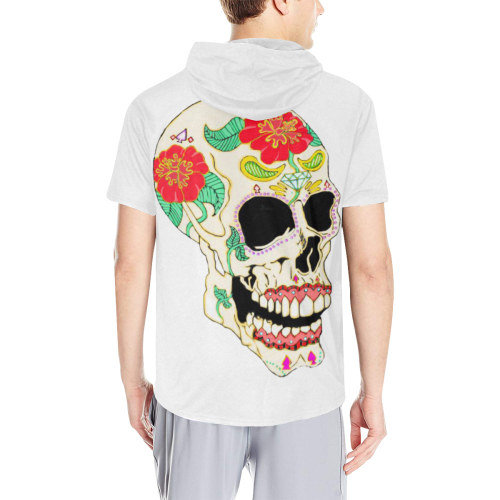 Flower Sugar Skull White All Over Print Short Sleeve Hoodie for Men (Model H32)