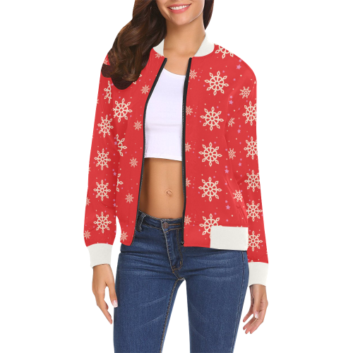 white xmas snowflake pattern on red background All Over Print Bomber Jacket for Women (Model H19)
