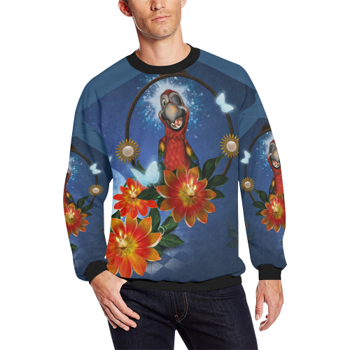 Funny parrot with flowers Men's Oversized Fleece Crew Sweatshirt/Large Size(Model H18)