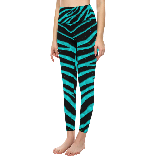 Ripped SpaceTime Stripes - Cyan Women's All Over Print High-Waisted Leggings (Model L36)