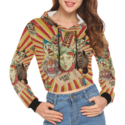 Funny Vintage Circus Clowns All Over Print Crop Hoodie for Women (Model H22)