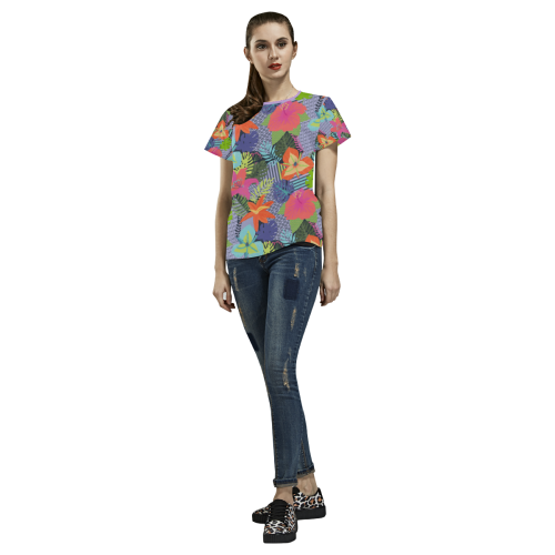 Geometric Shapes Tropical Flowers Pattern 1 All Over Print T-shirt for Women/Large Size (USA Size) (Model T40)