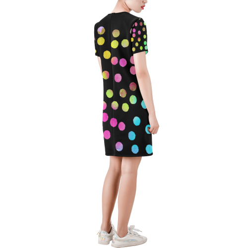 Multicolor Dots Black. Inspired by the Magic Island of Gotland. Short-Sleeve Round Neck A-Line Dress (Model D47)