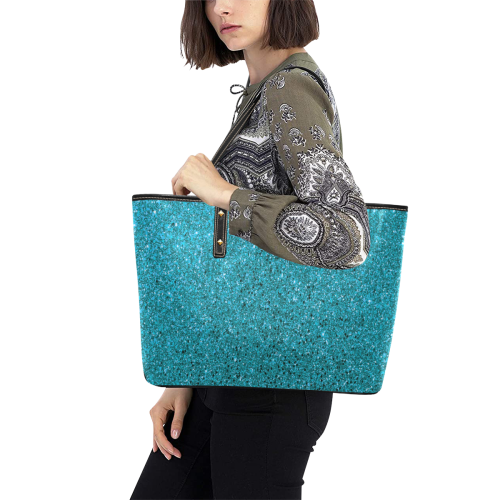 Turquoise Glitter Chic Leather Tote Bag (Model 1709)