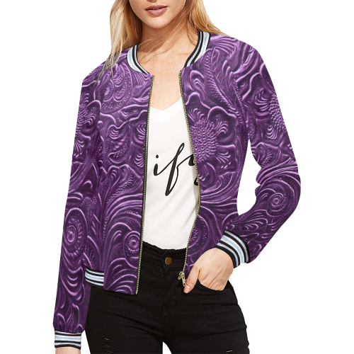 Embossed Purple Flowers All Over Print Bomber Jacket for Women (Model H21)