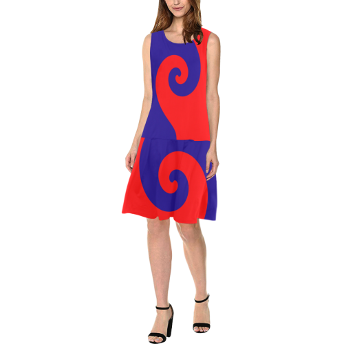 Mod Hippie Red and Blue Curlicue Swirls Sleeveless Splicing Shift Dress(Model D17)