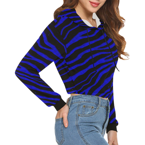 Ripped SpaceTime Stripes - Blue All Over Print Crop Hoodie for Women (Model H22)