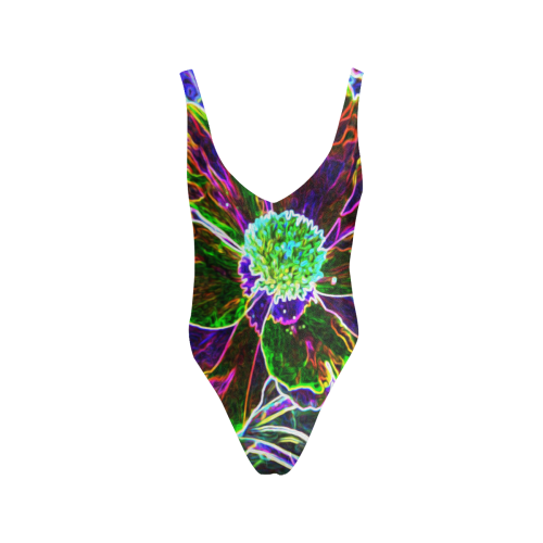 Abstract Garden Peony in Black and Blue Sexy Low Back One-Piece Swimsuit (Model S09)