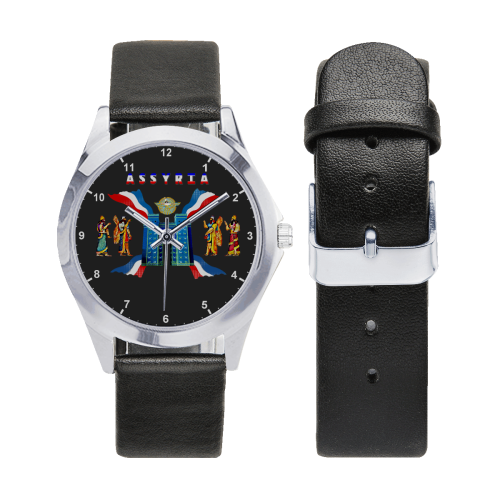 Assyrian Annunaki Unisex Silver-Tone Round Leather Watch (Model 216)