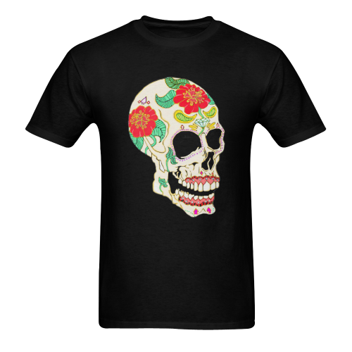 Flower Sugar Skull Black Men's T-shirt in USA Size (Front Printing Only) (Model T02)