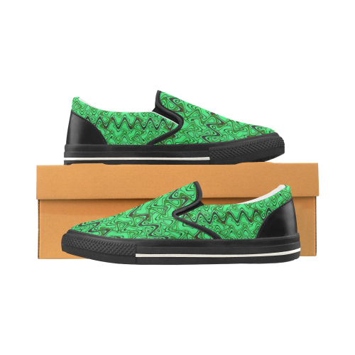 Green and Black Waves pattern design Women's Slip-on Canvas Shoes/Large Size (Model 019)
