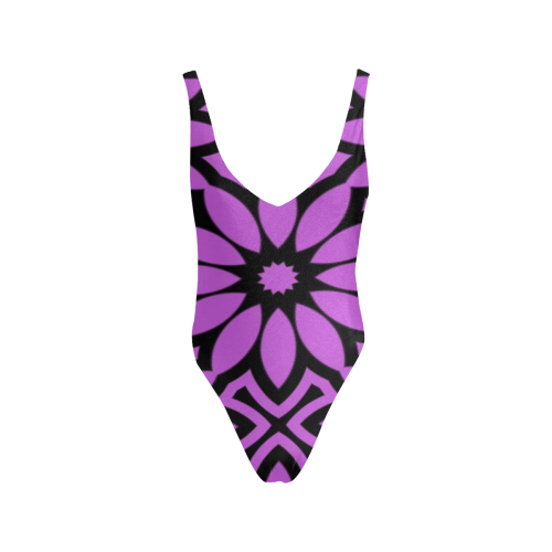 Purple/Black Flowery Pattern Sexy Low Back One-Piece Swimsuit (Model S09)