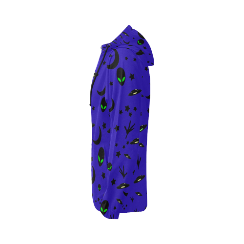 Alien Flying Saucers Stars Pattern on Blue All Over Print Full Zip Hoodie for Women (Model H14)