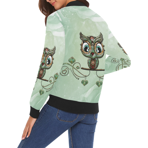 Cute little owl, diamonds All Over Print Bomber Jacket for Women (Model H19)