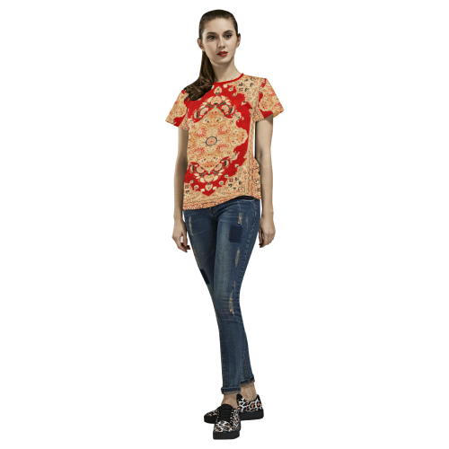 Persian Carpet Hadji Jallili Tabriz Red Gold All Over Print T-shirt for Women/Large Size (USA Size) (Model T40)