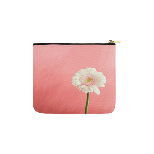 Gerbera Daisy - White Flower on Coral Pink Carry-All Pouch 6''x5''