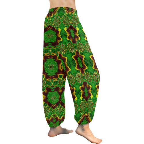 golden flowers in the green soft and silky Women's All Over Print Harem Pants (Model L18)
