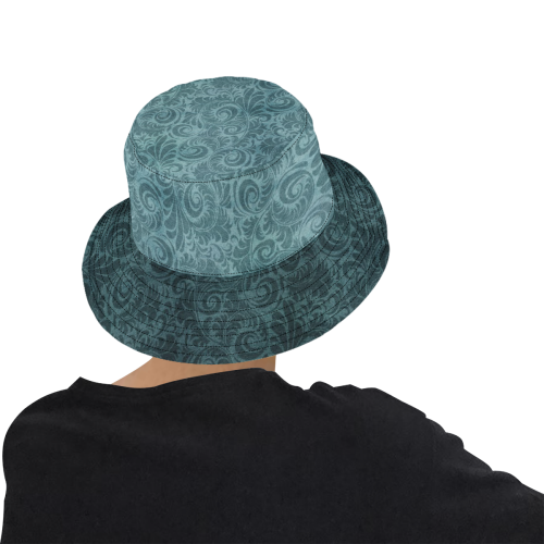 Denim with vintage floral pattern, dark green teal All Over Print Bucket Hat for Men