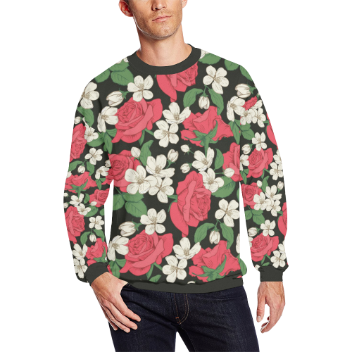 Pink, White and Black Floral Men's Oversized Fleece Crew Sweatshirt/Large Size(Model H18)