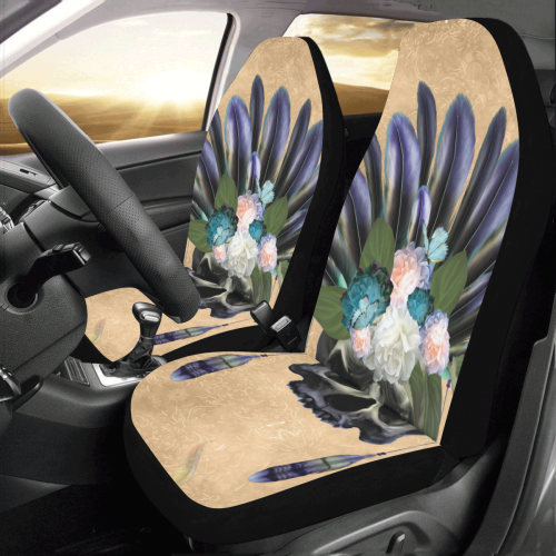 Cool skull with feathers and flowers Car Seat Covers (Set of 2)