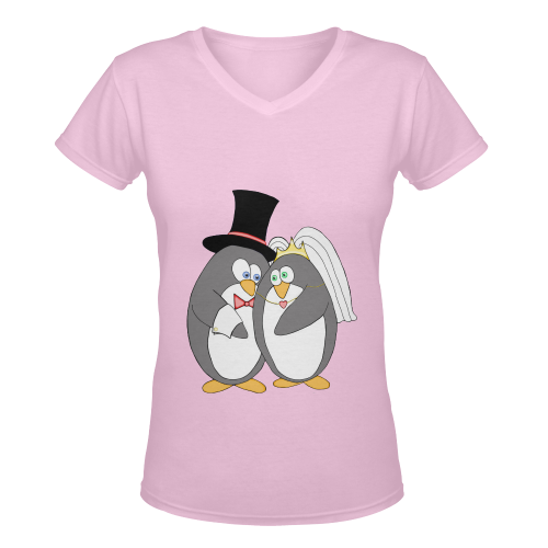 Penguin Wedding Lt Pink Women's Deep V-neck T-shirt (Model T19)