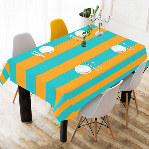 Orange Aqua Stripes Cotton Linen Tablecloth 60" x 90"