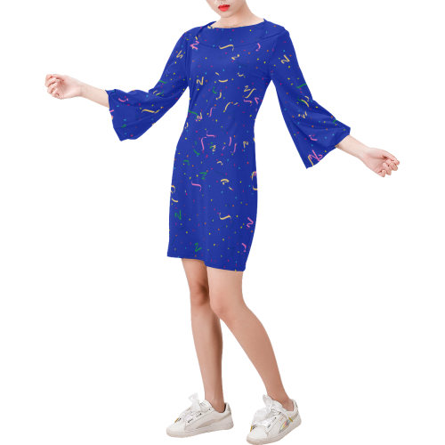 Confetti and  Party Streamers Blue Bell Sleeve Dress (Model D52)