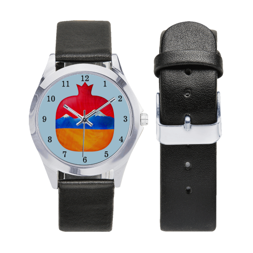 Armenian Pomegranate Unisex Silver-Tone Round Leather Watch (Model 216)