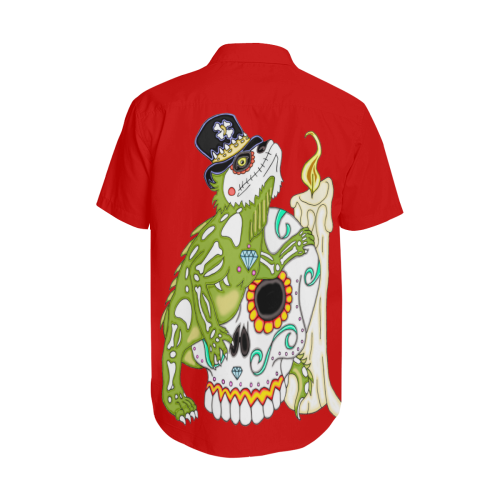 Iguana Sugar Skull Red Men's Short Sleeve Shirt with Lapel Collar (Model T54)
