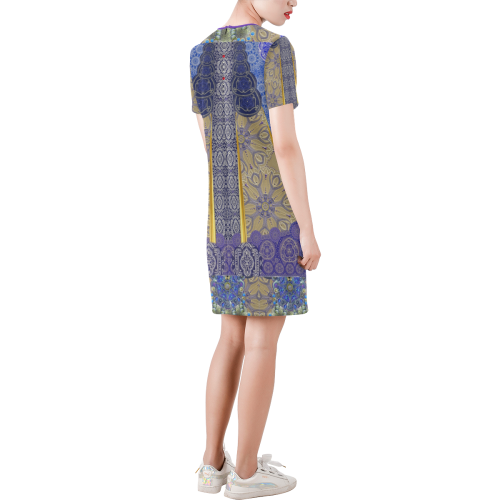 arabesques violet Short-Sleeve Round Neck A-Line Dress (Model D47)