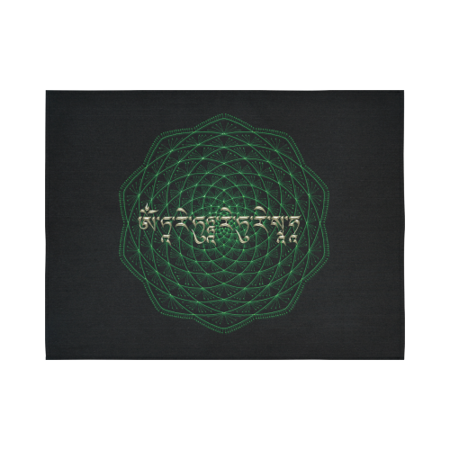 GreenTara Mantra with Mandala Cotton Linen Wall Tapestry 80"x 60"