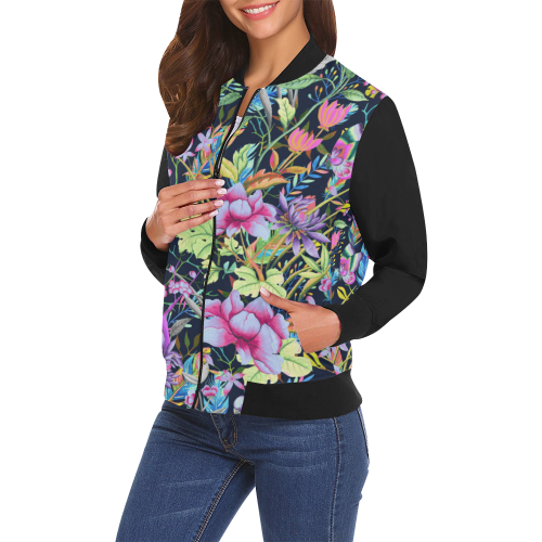 Tropical Flowers Butterflies Feathers Wallpaper 1 All Over Print Bomber Jacket for Women (Model H19)