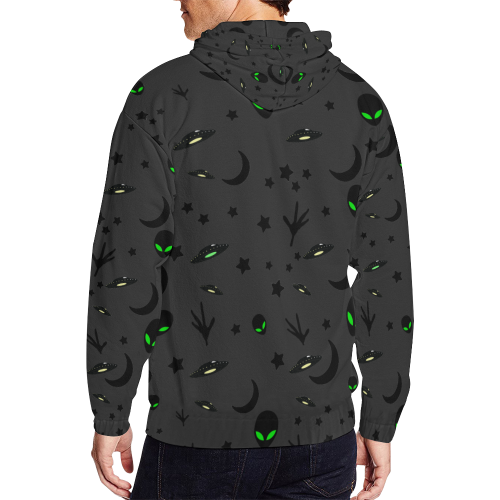 Alien Flying Saucers Stars Pattern on Charcoal All Over Print Full Zip Hoodie for Men (Model H14)