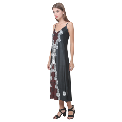 White Roses and Lace Goth Print V-Neck Open Fork Long Dress(Model D18)
