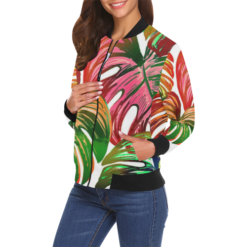 Pretty Leaves D by JamColors All Over Print Bomber Jacket for Women (Model H19)