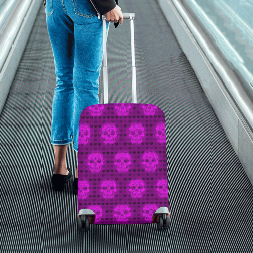 skulls and hearts, pink by JamColors Luggage Cover/Small 18"-21"