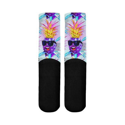 Pineapple Ultraviolet Happy Dude with Sunglasses Mid-Calf Socks (Black Sole)