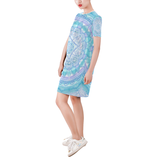 delicate silk mandala 9 Short-Sleeve Round Neck A-Line Dress (Model D47)