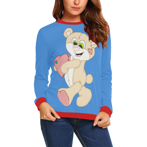 Patchwork Heart Teddy Blue/Red All Over Print Crewneck Sweatshirt for Women (Model H18)